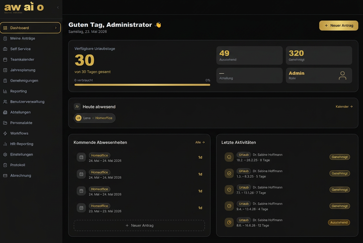 awaio Dashboard mit Urlaubsstatus und kommenden Abwesenheiten