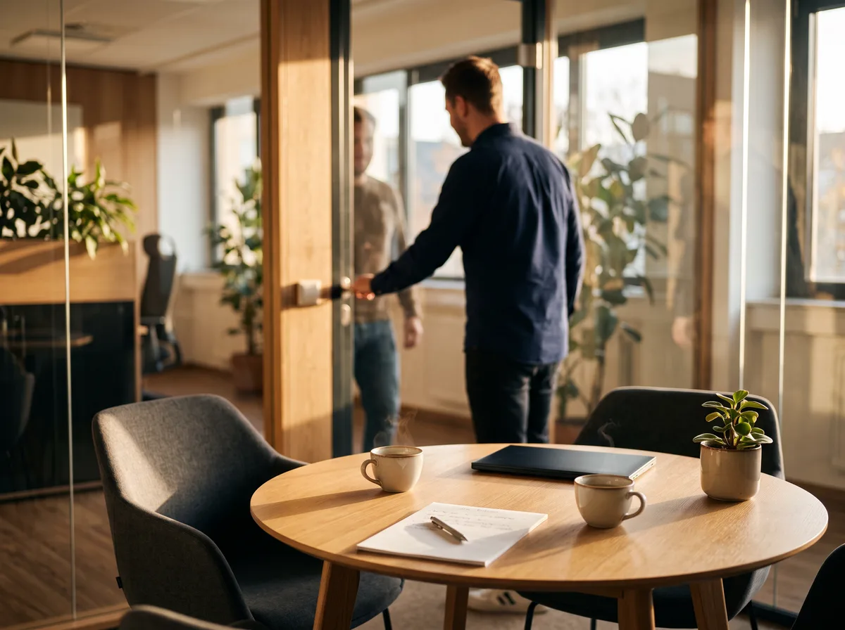 Besprechungstisch mit Kaffee, im Hintergrund wird ein Besucher an der Bürotür begrüßt