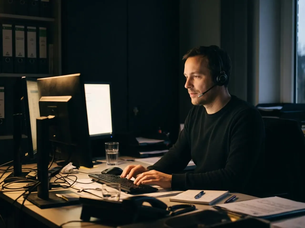 Wolfswerk-Mitarbeiter mit Headset hilft am Arbeitsplatz