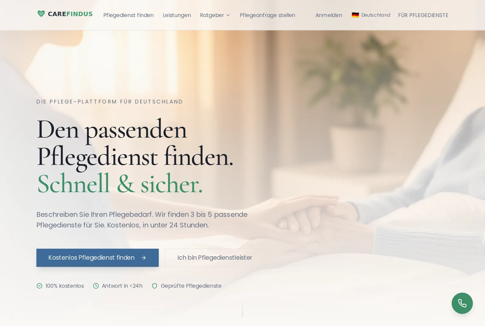 carefindus Startseite: den passenden Pflegedienst finden