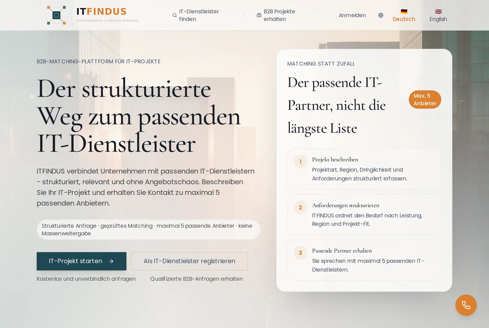 itfindus Startseite: der strukturierte Weg zum passenden IT-Dienstleister