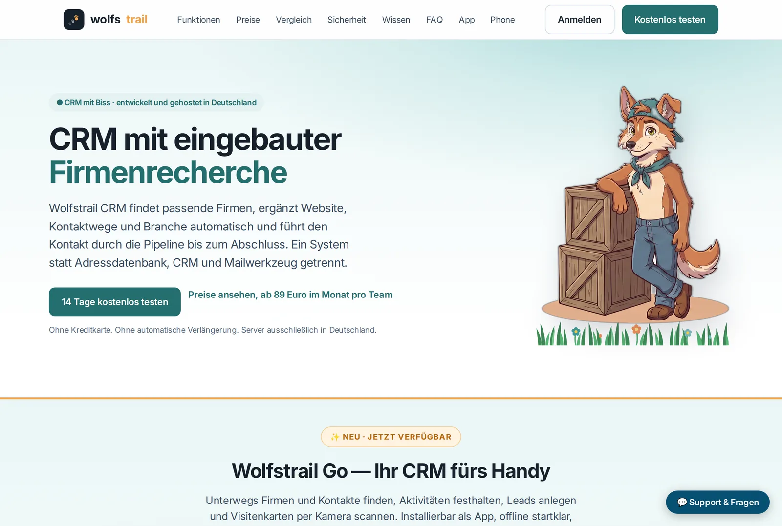 Wolfstrail CRM Startseite mit eingebauter Firmenrecherche