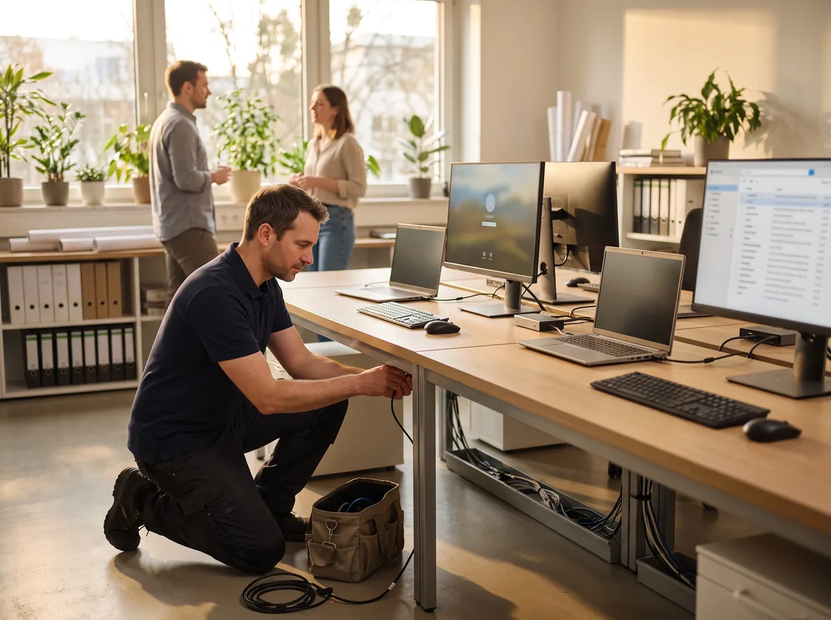 Techniker richtet neue Arbeitsplätze mit Laptops und Monitoren in einem Büro ein