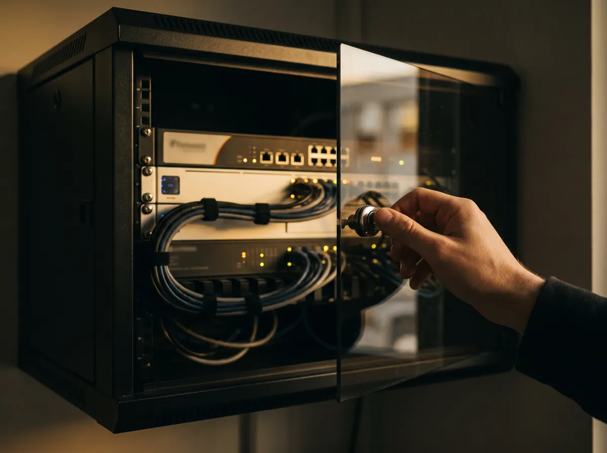 Netzwerkschrank mit Firewall wird verschlossen