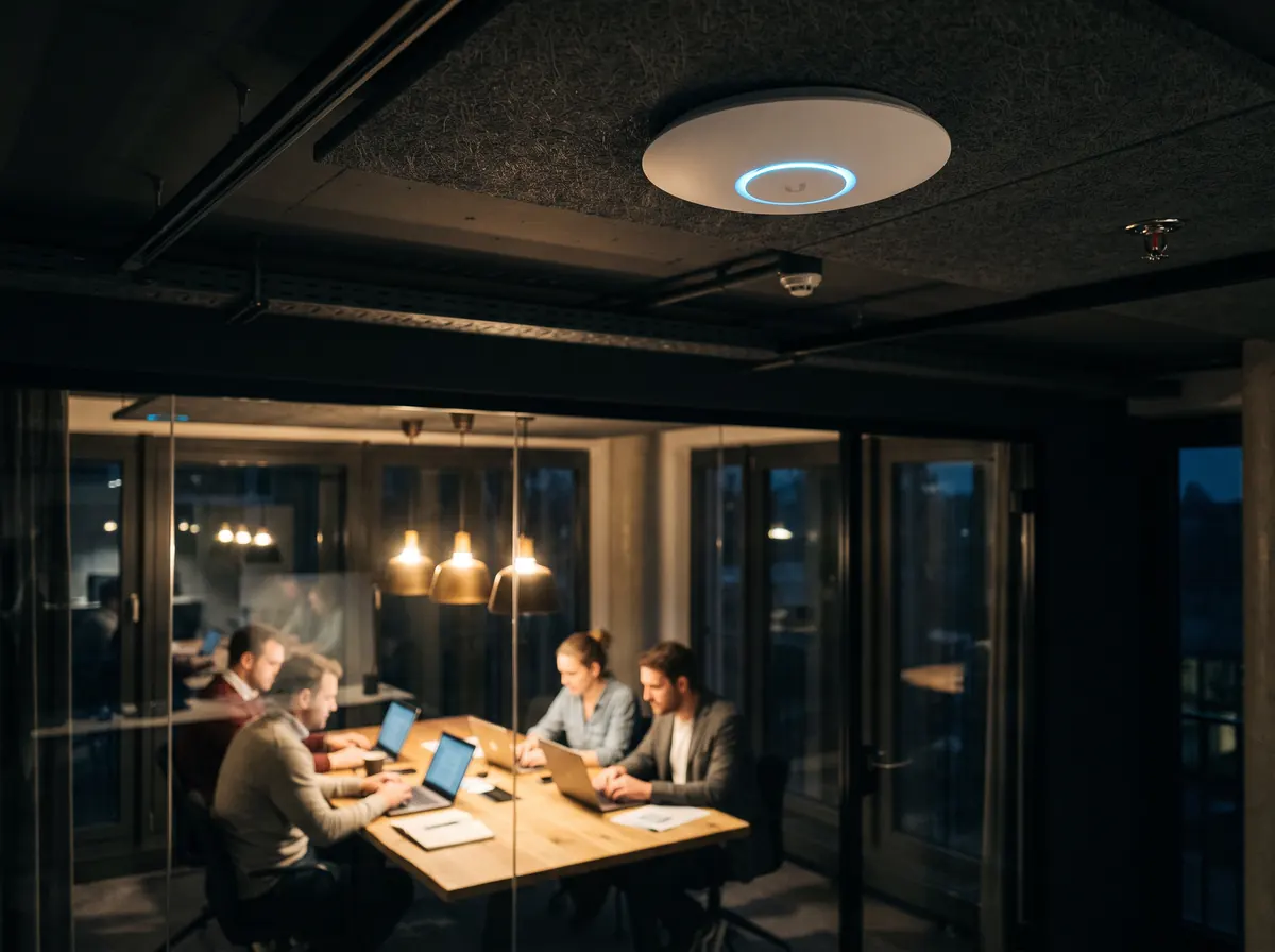 UniFi Access Point an der Bürodecke, dahinter ein Besprechungsraum